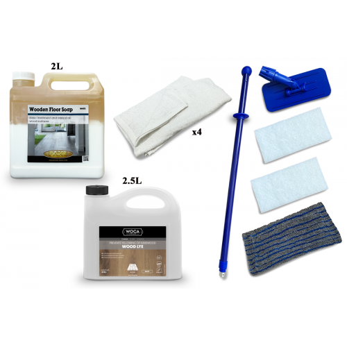 Kit Saving: DC004 (a) Woca Wood Lye white & Faxe White Soap, furnishings and other surfaces less than 5m2, Work by hand   (DC)