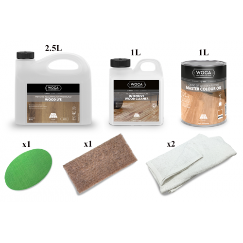 Kit Saving: DC005 (a) Woca Wood Lye white & Woca Master Colour Oil white, furnishings and other surfaces less 5m2, Work by hand  (DC)