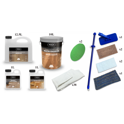 Kit Saving: DC005 (f) Woca Wood Lye white & Woca Master Colour Oil white floor, 76 to 95m2, Work by hand  (DC)