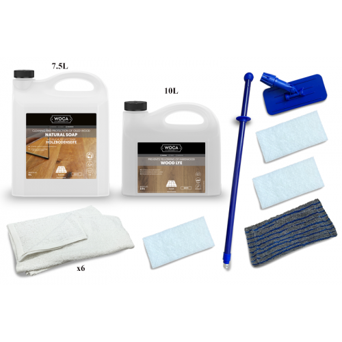 Kit Saving: DC010 (e) Woca Wood Lye white & Woca White Soap floor, 56 to 75m2, Work by hand  (DC)