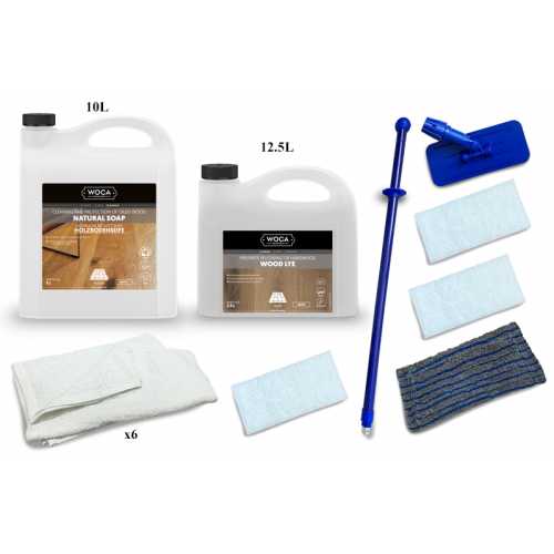 Kit Saving: DC010 (f) Woca Wood Lye white & Woca White Soap, floor, 76 to 95m2, Work by hand  (DC)
