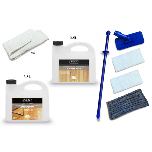 Kit Saving: DC011 (b) Woca Softwood Lye & Woca White Soap floor, 0 to 15m2, Work by hand  (DC)