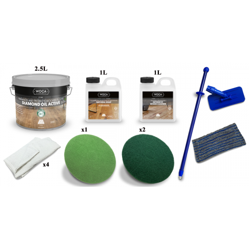 Kit Saving: DC035 (a) Woca Diamond Oil Active Natural, floor oiling, satin, 2 applications 0 to 20m2 work with a buffing machine (DC)
