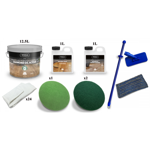 Kit Saving: DC035 (e) Woca Diamond Oil Active natural, floor oiling, satin, 2 applications 96 to 120m2 (DC)