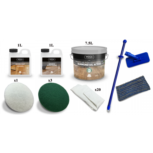 Kit Saving: DC058 (d) Woca Diamond Oil Active natural floor oiling, matt, single application, work with buffing machine, 71 to 95m2 (DC)