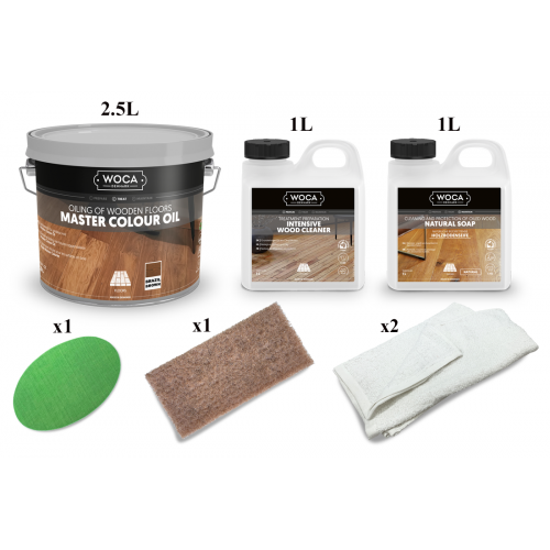 Kit Saving: DC083 (a) Woca Master Colour Oils, Group One (101 brown, 102 brazil, 114 castle grey, 314 ex grey, 118 extra white, 349 antique) Furnishings or other surfaces up to 5m2  (DC)