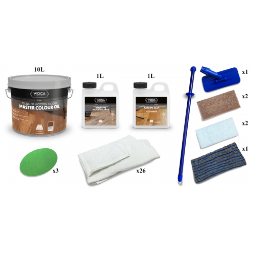Kit Saving: DC086 (e) Woca Master Colour Oils, floor, Group Two (119 walnut, 120 black), 56 to 75m2 work by hand  (DC)