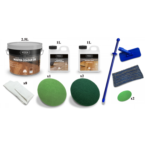 Kit Saving: DC087 (a) Woca Master Colour Oil, floor, Group Two (106 rhode, 119 walnut, 120 black), 0 to 20m2 work with a buffing machine  (DC)