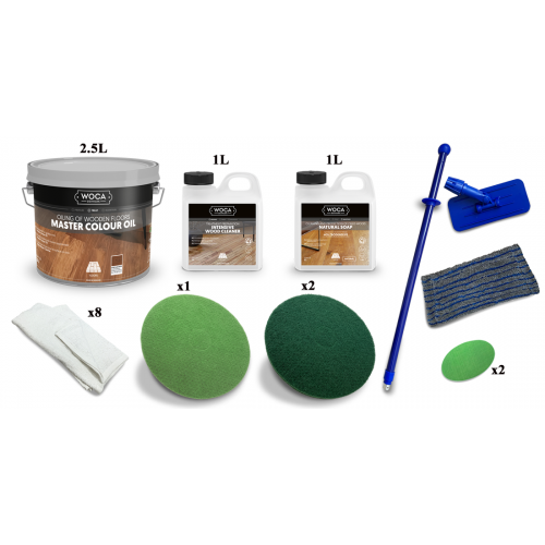 Kit Saving: DC087 (a) Woca Master Colour Oil, floor, Group Two (119 walnut, 120 black), 0 to 20m2 work with a buffing machine  (DC)