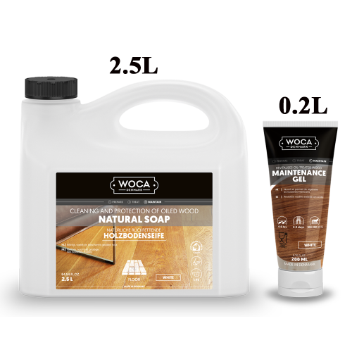 Kit Saving: DC134 Essential Clean white UVoiled floors inc 2.5l Woca white versions of soap and 1L Maintenance Oil